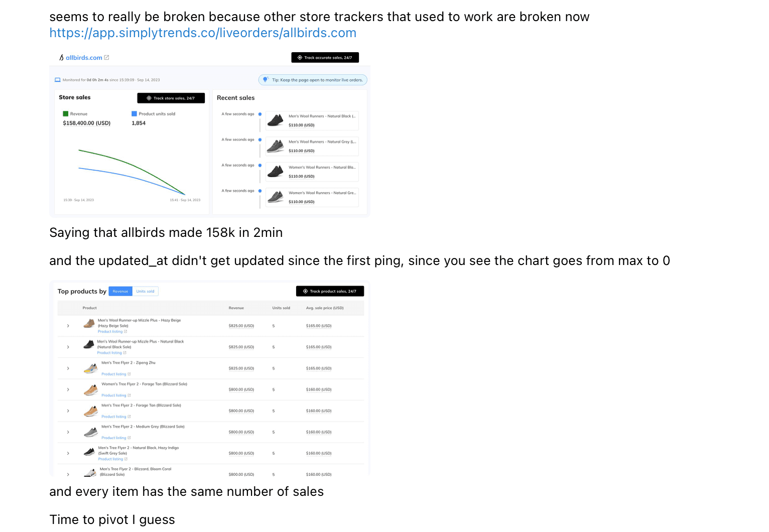 Screenshot of a chat showing that sales tacking is no longer working