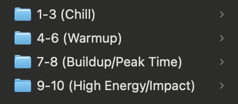 Four folders: 1-3 (Chill), 4-6 (Warmup), 7-8 (Buildup/Peak Time), and 9-10 (High Energy/Impact)