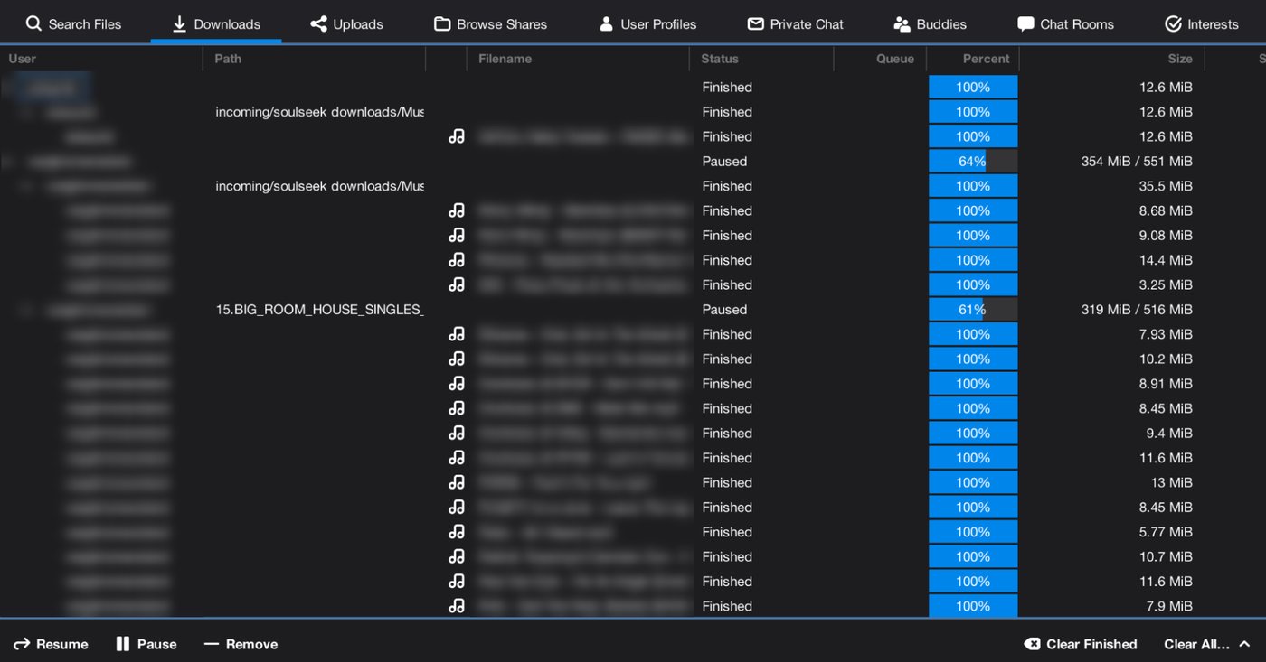 Nicotine+ Downloads tab listing finished MP3 downloads with their sizes