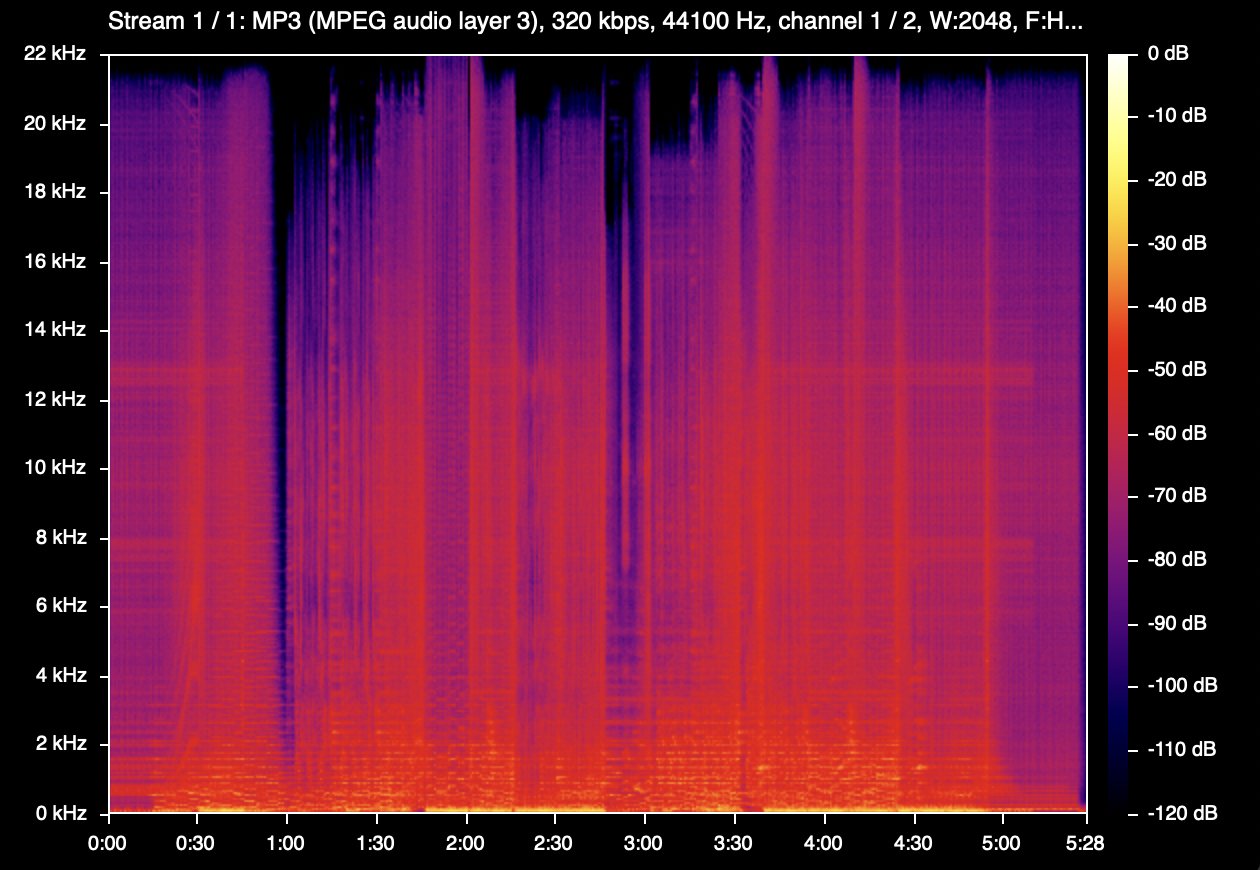 Spek spectrogram of a 320 kbps MP3 with frequency content reaching 20–21 kHz for most of the track